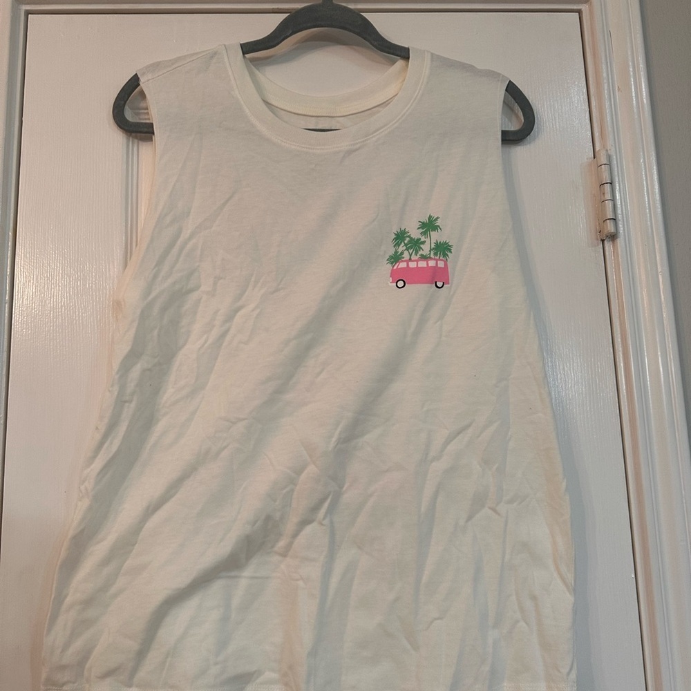 Zoe + Liv Cream Tank Top with Pink Van and Green Palm Trees